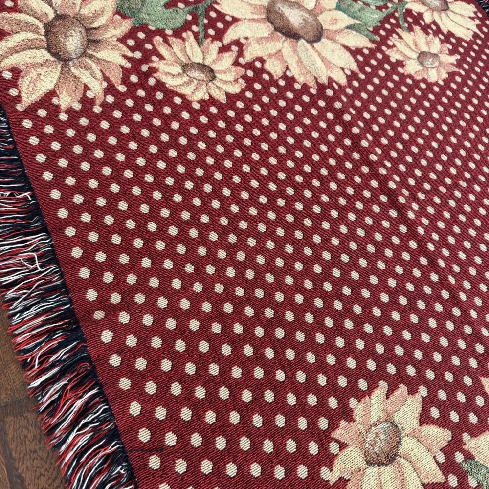 Sunflower Bee Woven Tapestry Throw Blanket Afghan Fringe Red 69x53 Cottagecore